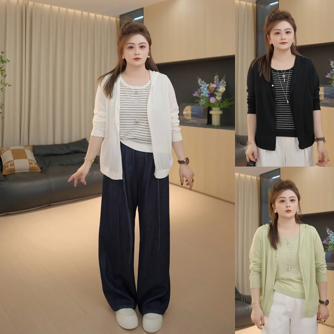 【胖佳佳】现货~夏日方程式 夏季薄款假两件连帽针织衫H625Z05717