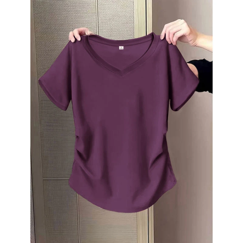 V领短袖t恤女2025新款夏季修身褶皱收腰内搭上衣洋气减龄遮肉体恤