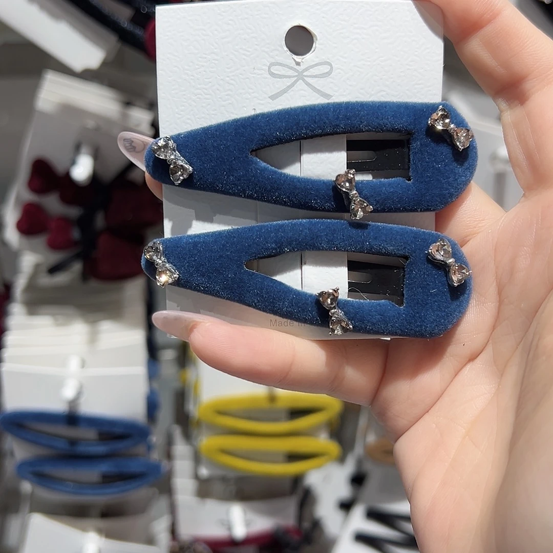 非金属仿珍珠蝴蝶结蓝色丝绒掰掰夹