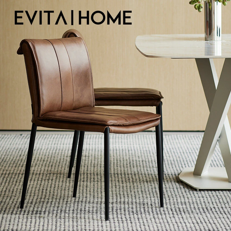 新轻奢都市全真皮椅子靠背椅餐厅餐椅现代简约复古风牛皮休闲椅