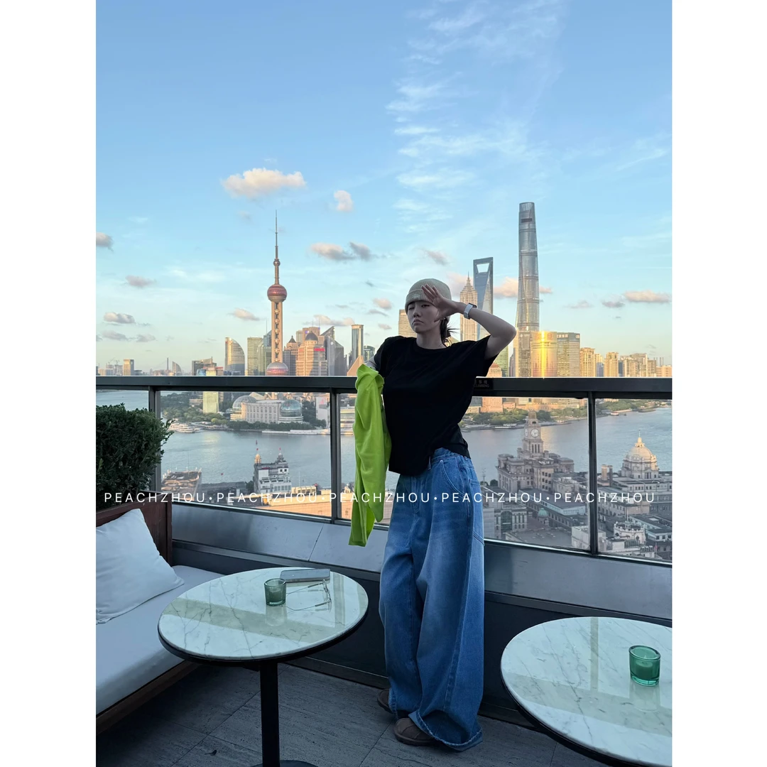 『PEACHZHOU』经典水洗猫须纹毛边宽松系扣松紧腰休闲阔腿牛仔裤女