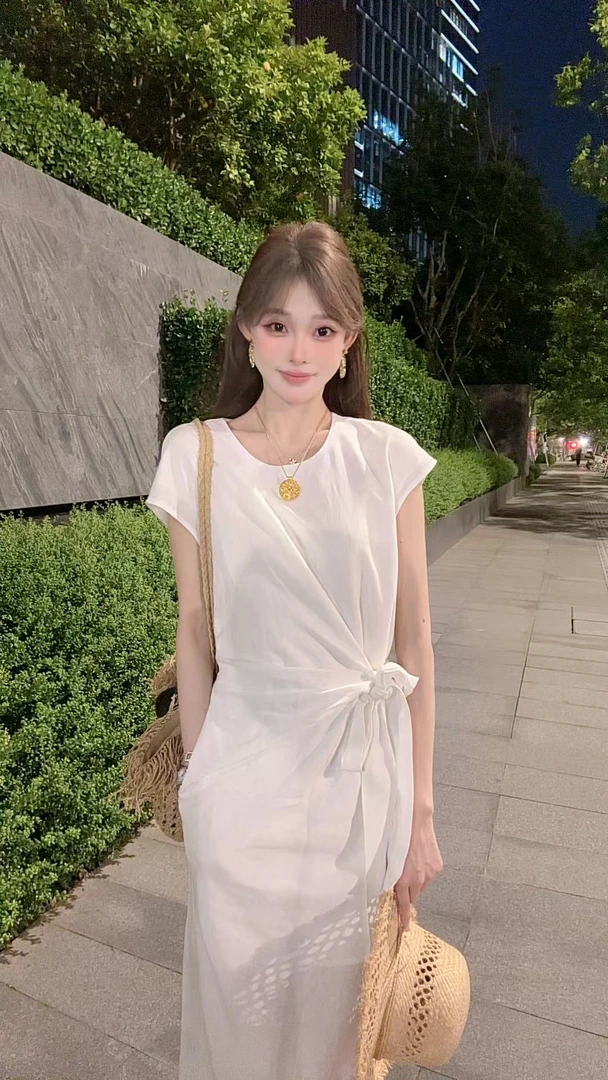 【小狐狸B】2025/YH| 法式浪漫 亚麻连衣裙夏新款收腰绑带修身