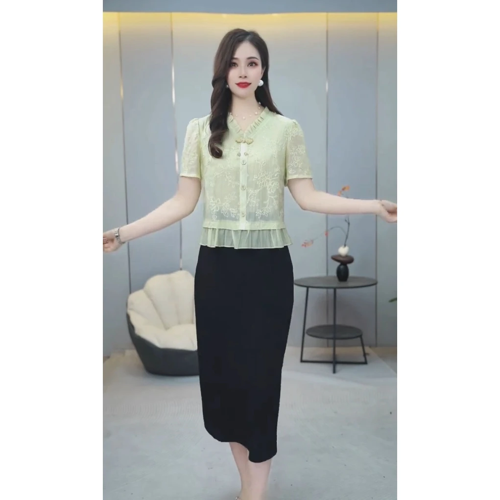 3026夏季新款花边V领气质盘扣修身显瘦遮肚子假两件AB配连衣裙