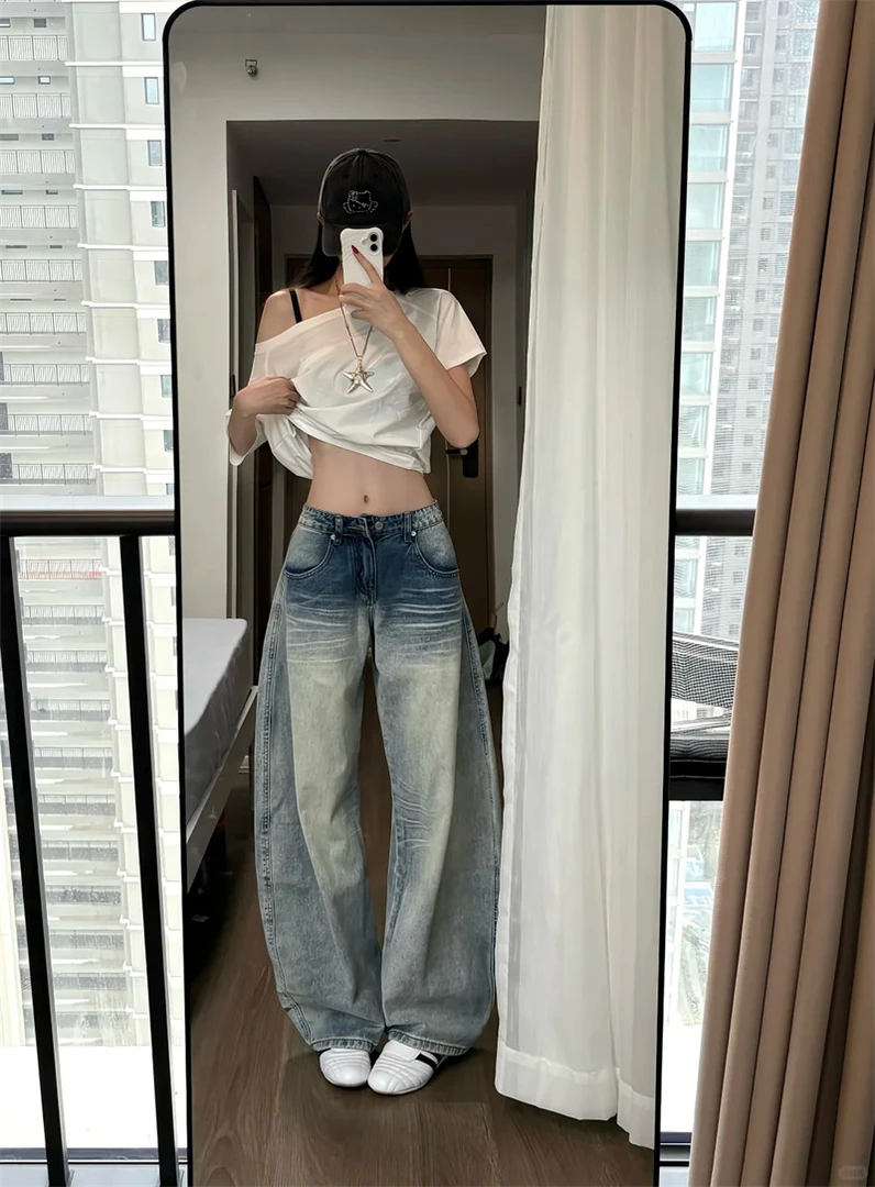 浅色水洗猫须低腰阔腿牛仔裤女士新款裤子高个子加长版复古弯刀裤