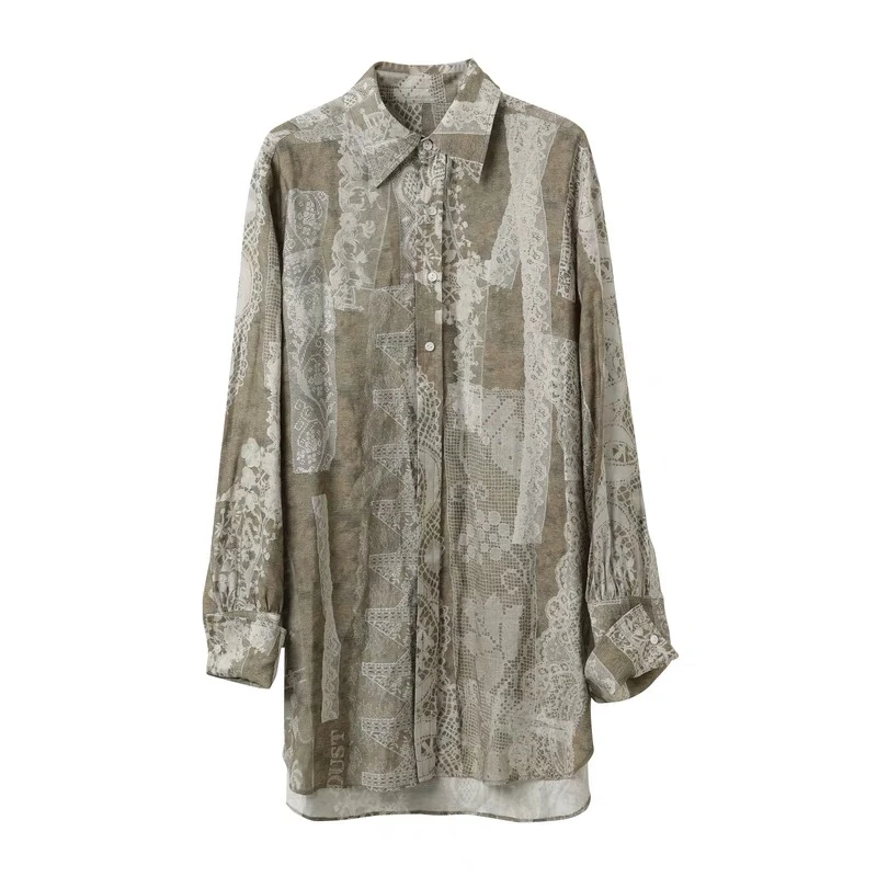 ICE DUST 25春夏系列复古印花翻领宽松薄款长袖衬衫上衣女士时尚