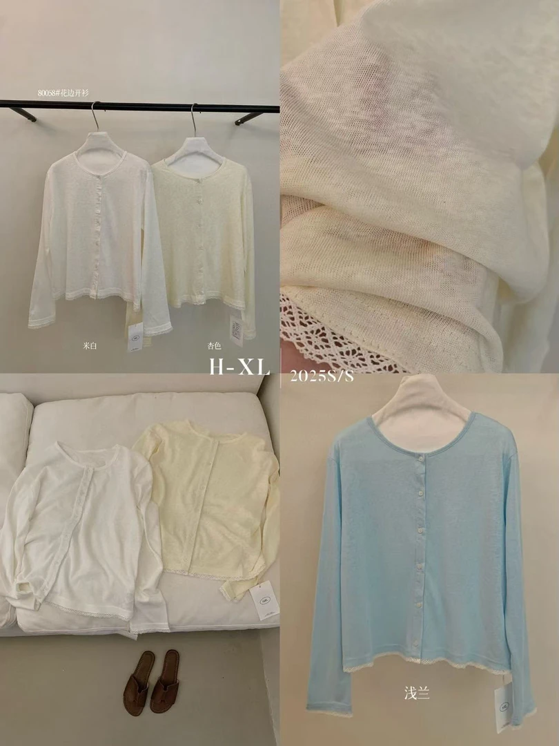 HXL@80058 韩系纯色百搭温柔风蕾丝边圆领开衫 4-20