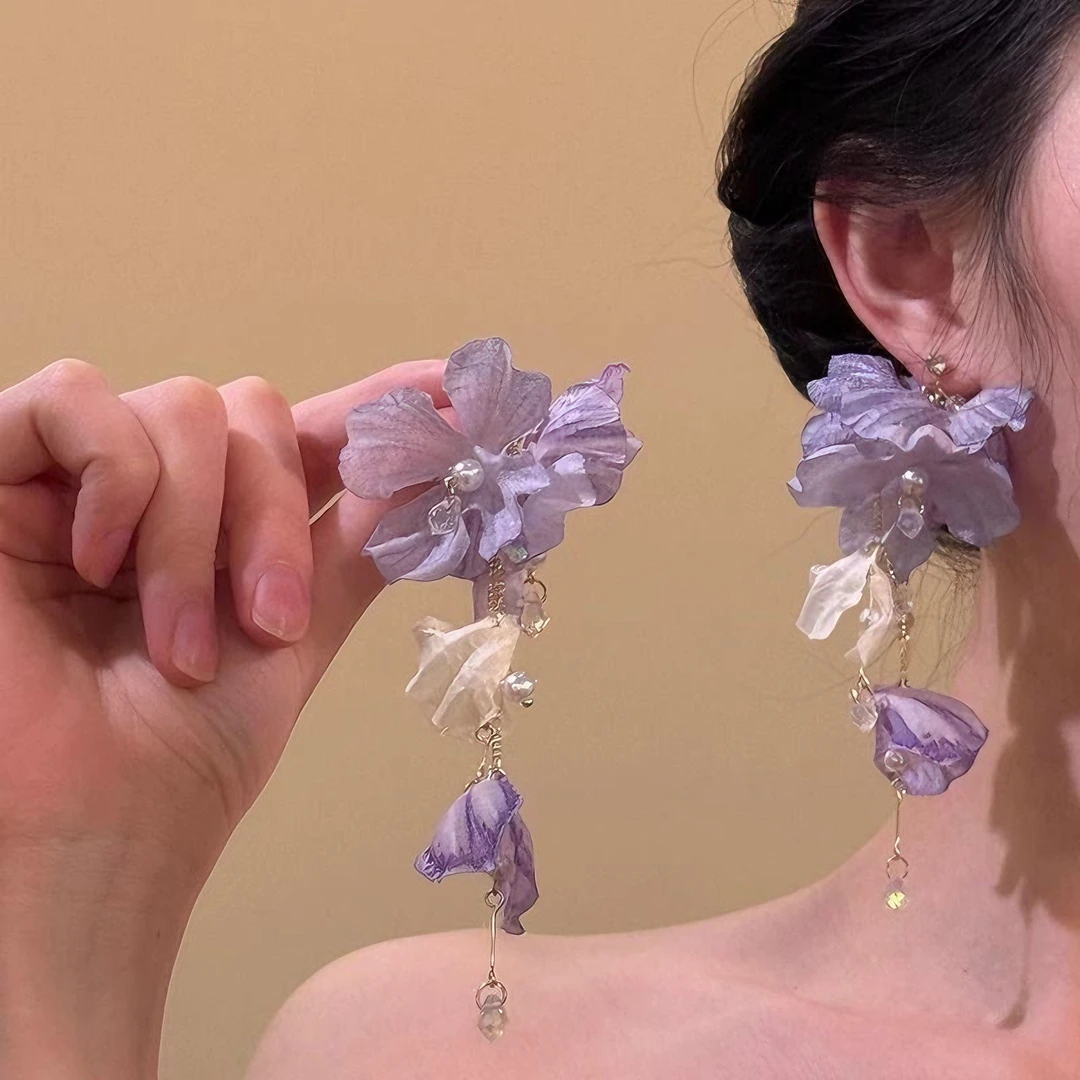 铜合金仿珍珠耳饰 2025年新款折花鸢尾超仙唯美紫色花朵耳钉耳饰