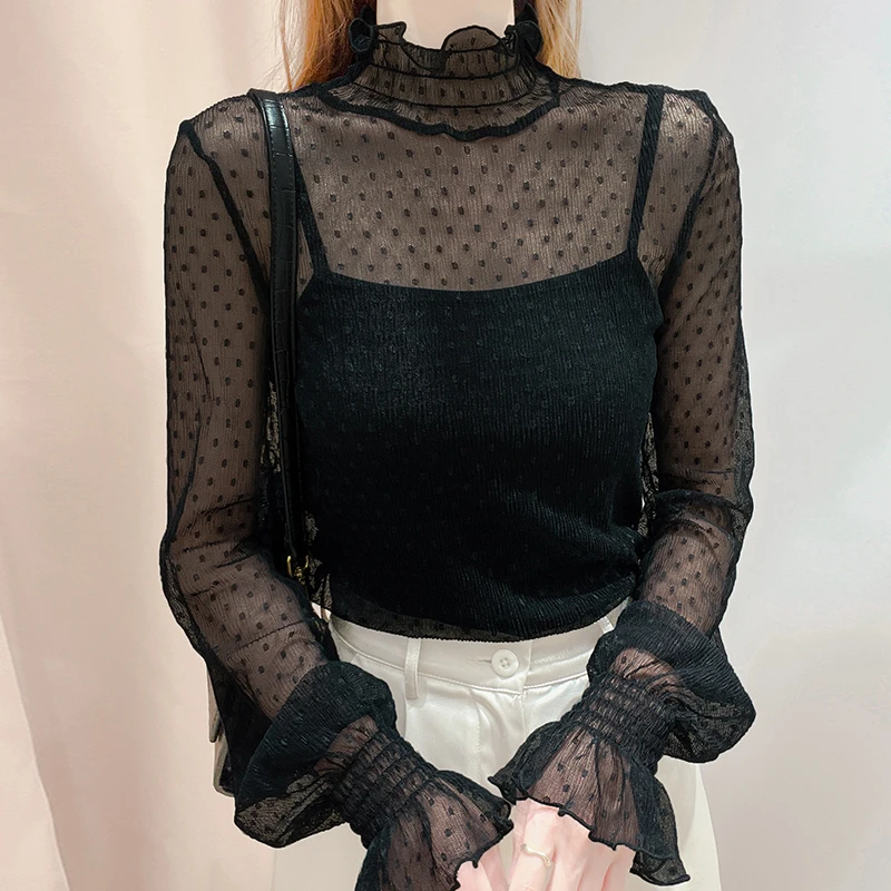 波点网纱上衣女秋黑色半高领蕾丝打底衫仙气薄款洋气长袖内搭纱衣