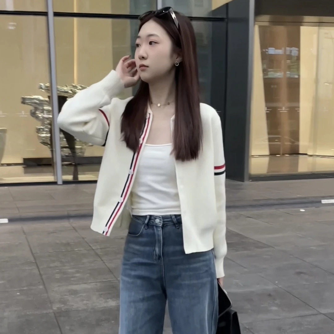 600G针织开衫女藏蓝新款立领宽松TB毛衣短外套上衣短款毛衣女春秋