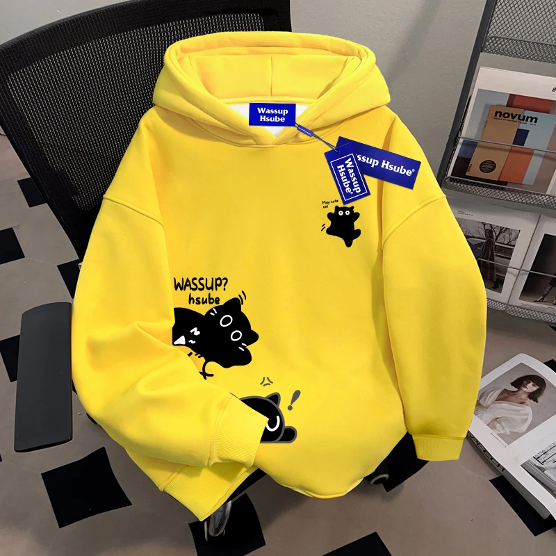 WASSUP HSUBE小猫美式百搭休闲情侣连帽卫衣秋冬小众chic重磅上衣