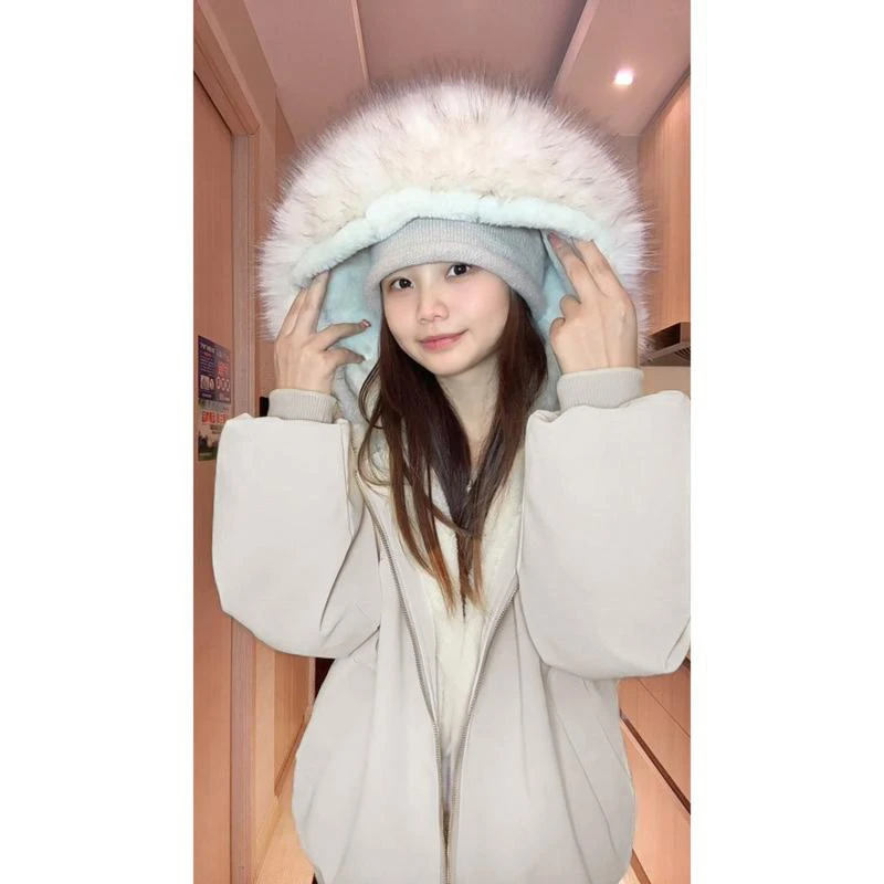 冬季荔枝纹皮座山雕大毛领连帽美式短款棉服男女百搭加绒夹克棉衣