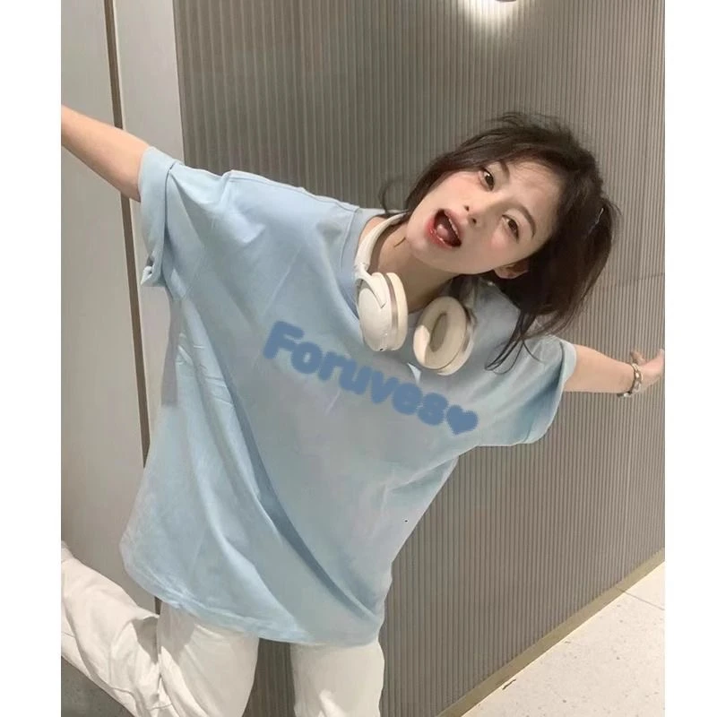 短袖少女风字母T恤运动圆领韩版夏装中长款学生ins设计感休闲