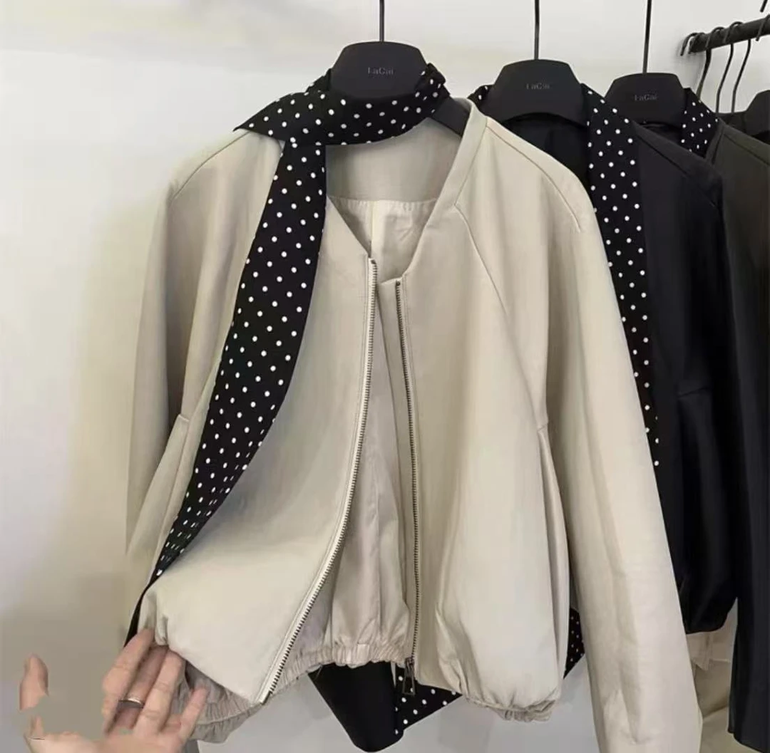 【慕喜】2025羊腿袖皮衣女春秋季宽松短款休闲潮流皮夹克6215