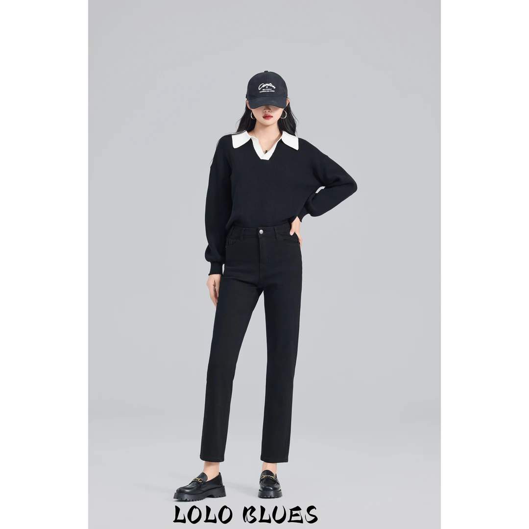 加绒烟管-四面弹黑色时尚修身烟管牛仔裤30037RN