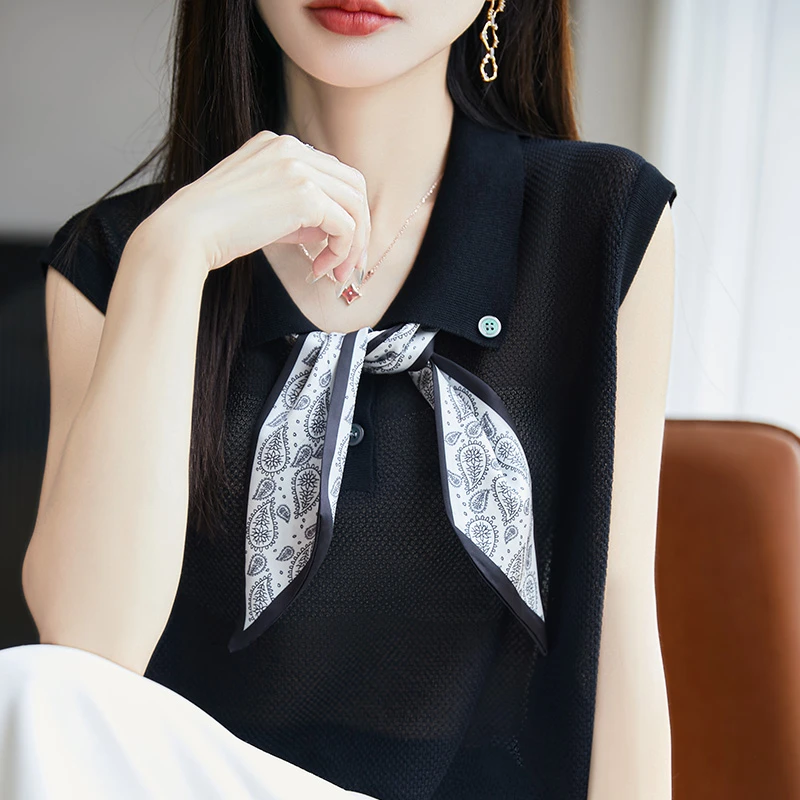 哥弟阿玛施正品夏季新款翻领丝巾高级感洋气套头无袖针织衫上衣