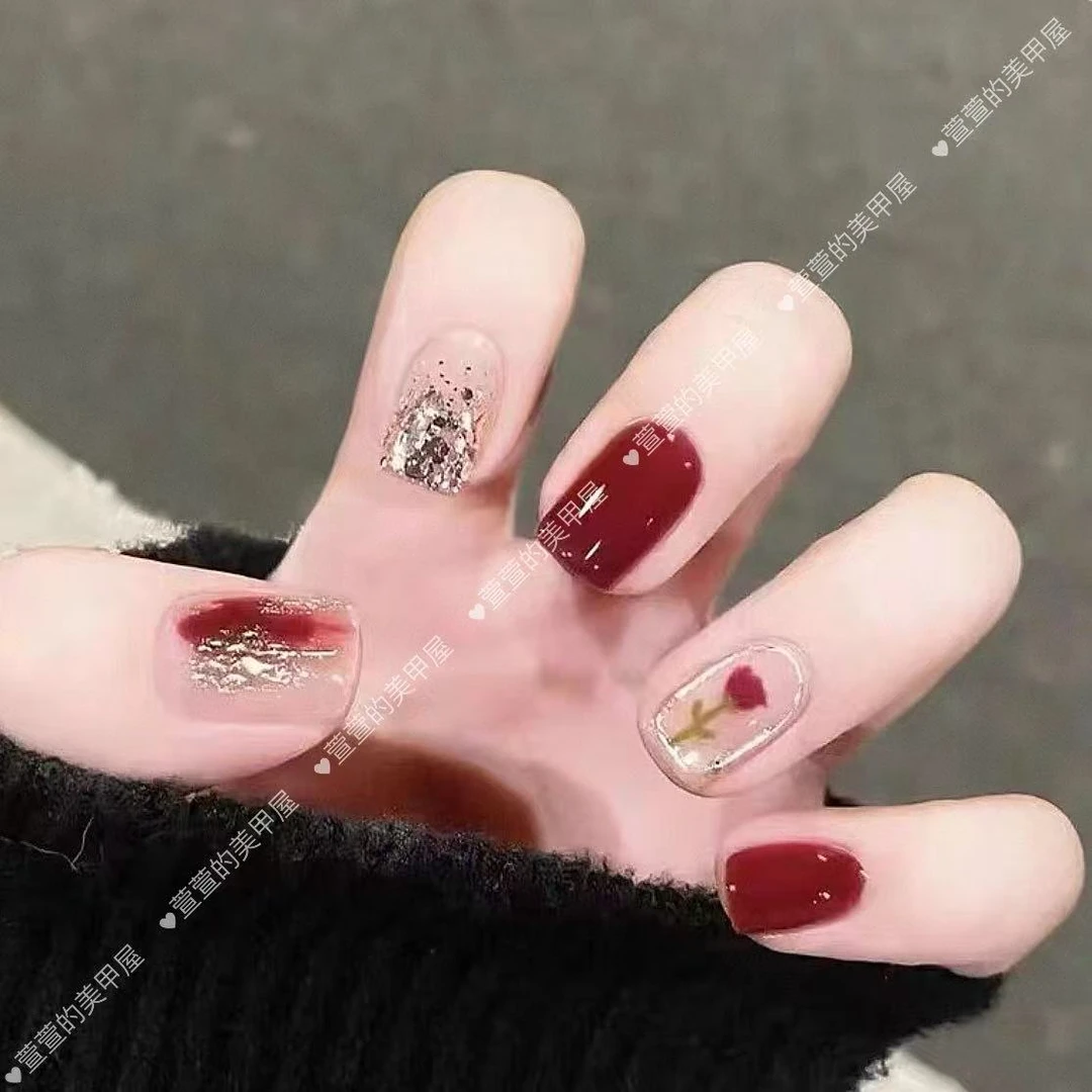 无人区玫瑰纯手工光疗美甲贴果冻贴片指甲穿戴甲简约梯形重复