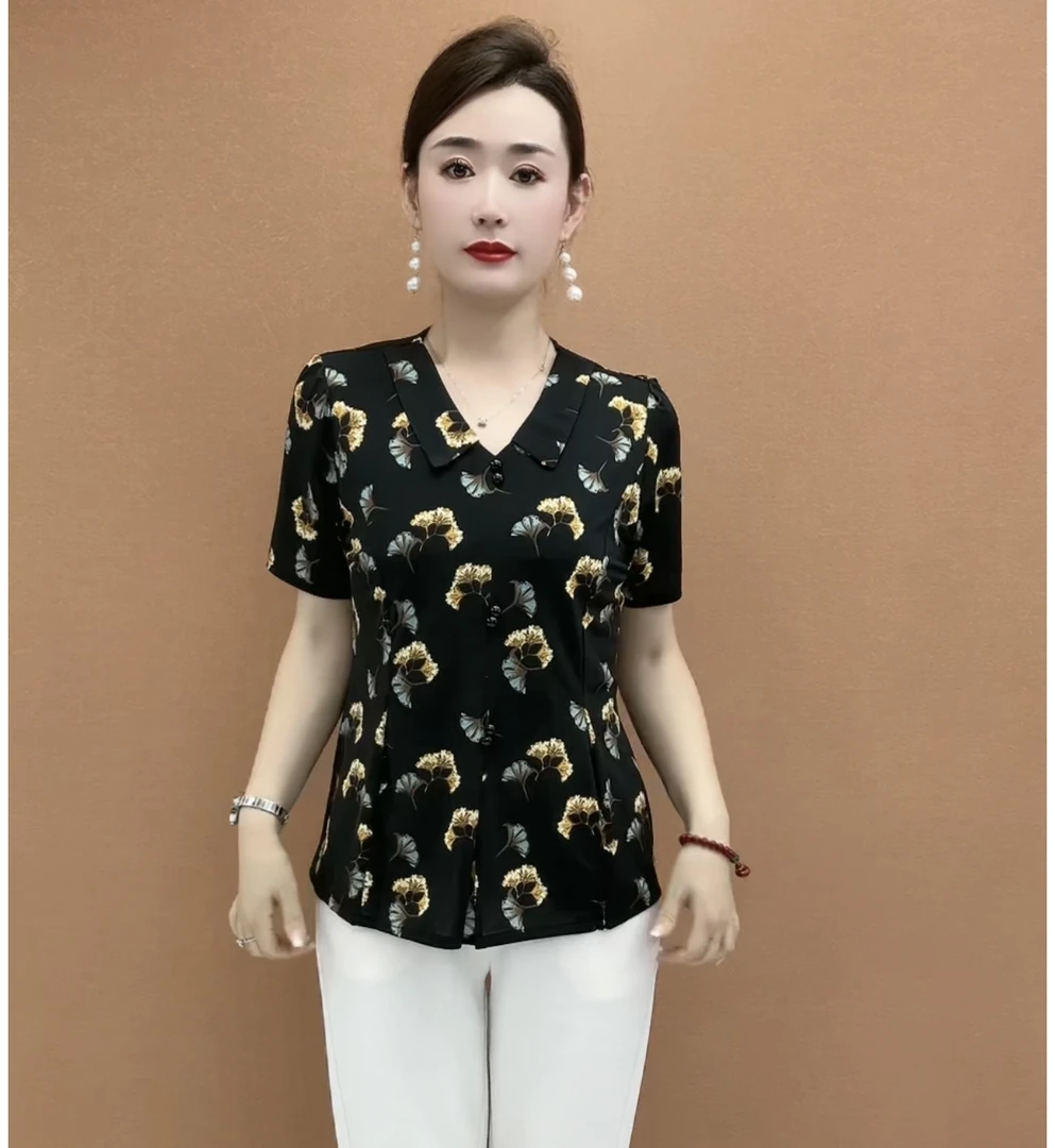 2025夏季新款时尚百搭宽松休闲翻领小花朵衫气质减龄好看妈妈装女