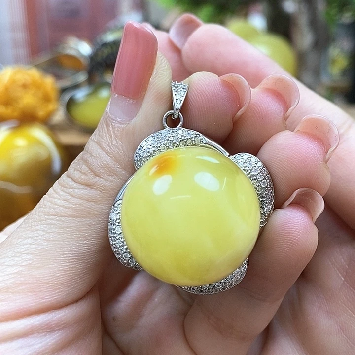 琥珀银S925镶嵌戒指吊坠