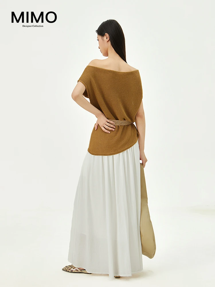 【MIMO】松弛慵懒感极简风一字领斜肩针织短袖宽复古显瘦百搭纯色