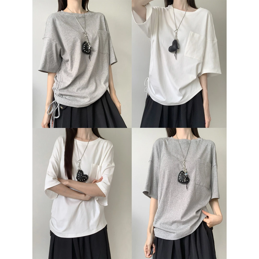 PINKSAVIOR斜摆抽绳棉质灰白夏日遮肉显瘦短袖上衣
