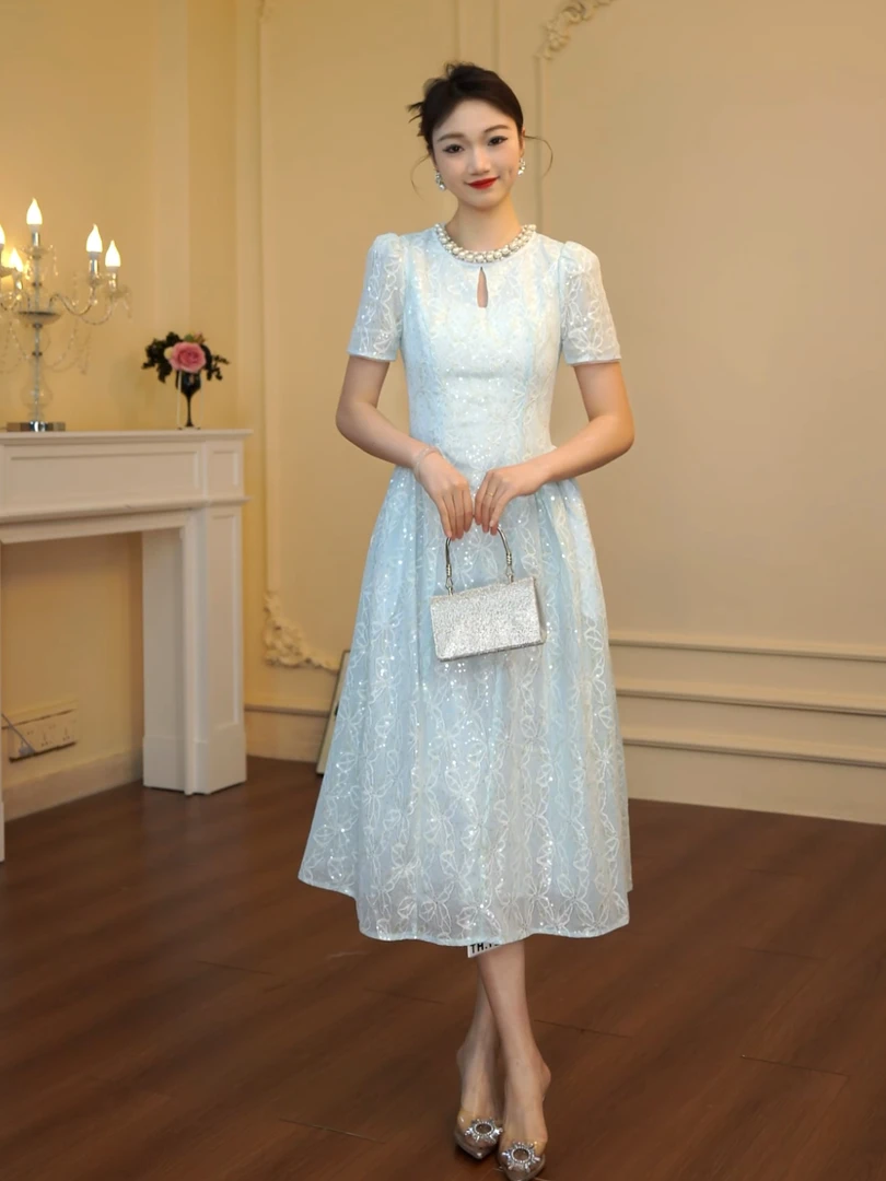 修身气质礼服长裙轻职风夏季短袖旗袍长款时尚连衣裙裙子蕾丝显瘦