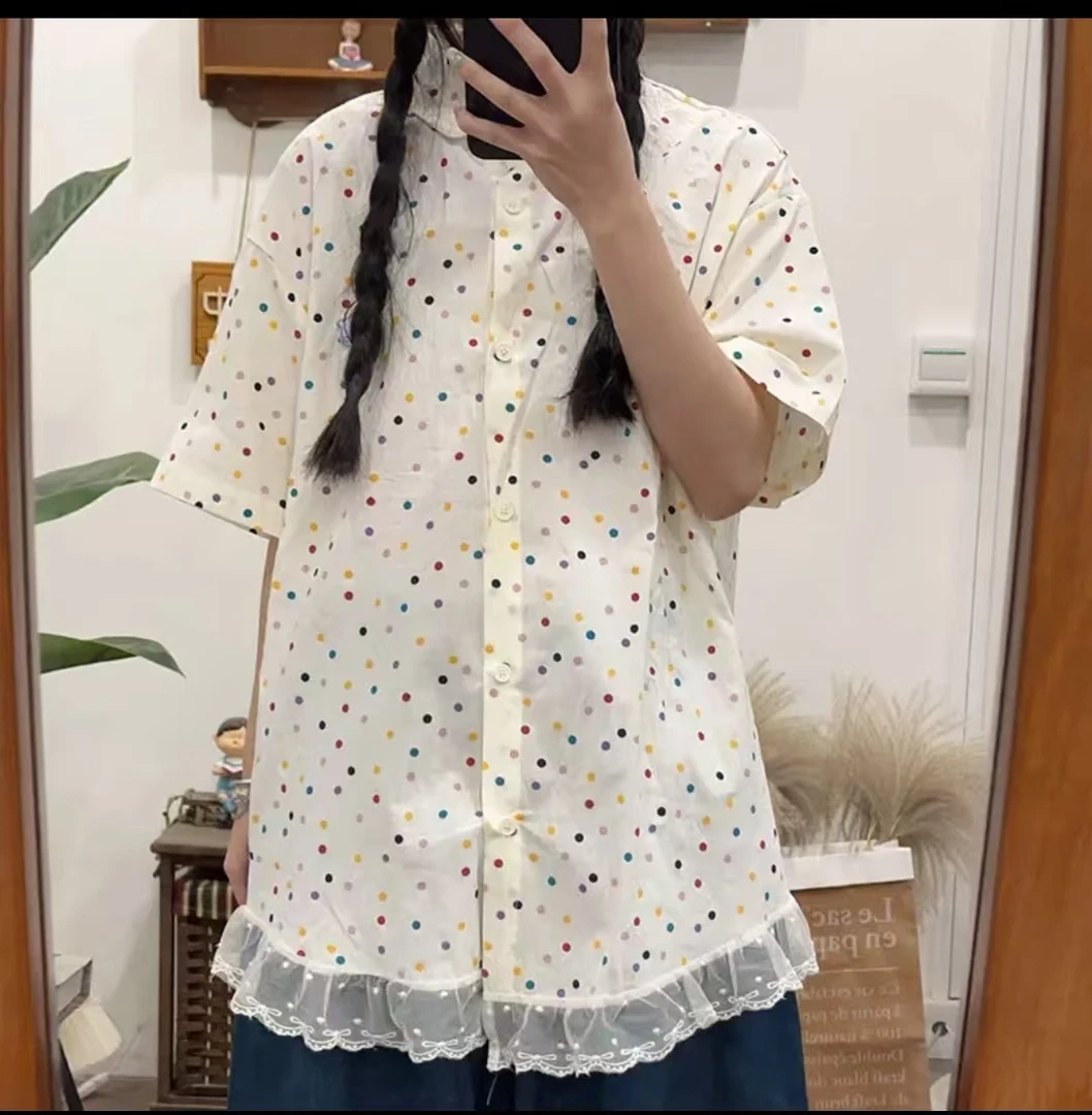 【1313】森系夏日上衣蕾丝气质斑点夏季宽松时尚百搭泡泡袖显瘦