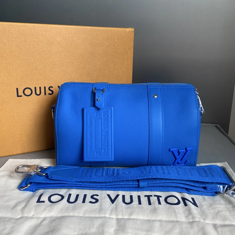 99新 LouisVuitton/路易威登 lv蓝色全皮keepall27斜挎包hws156