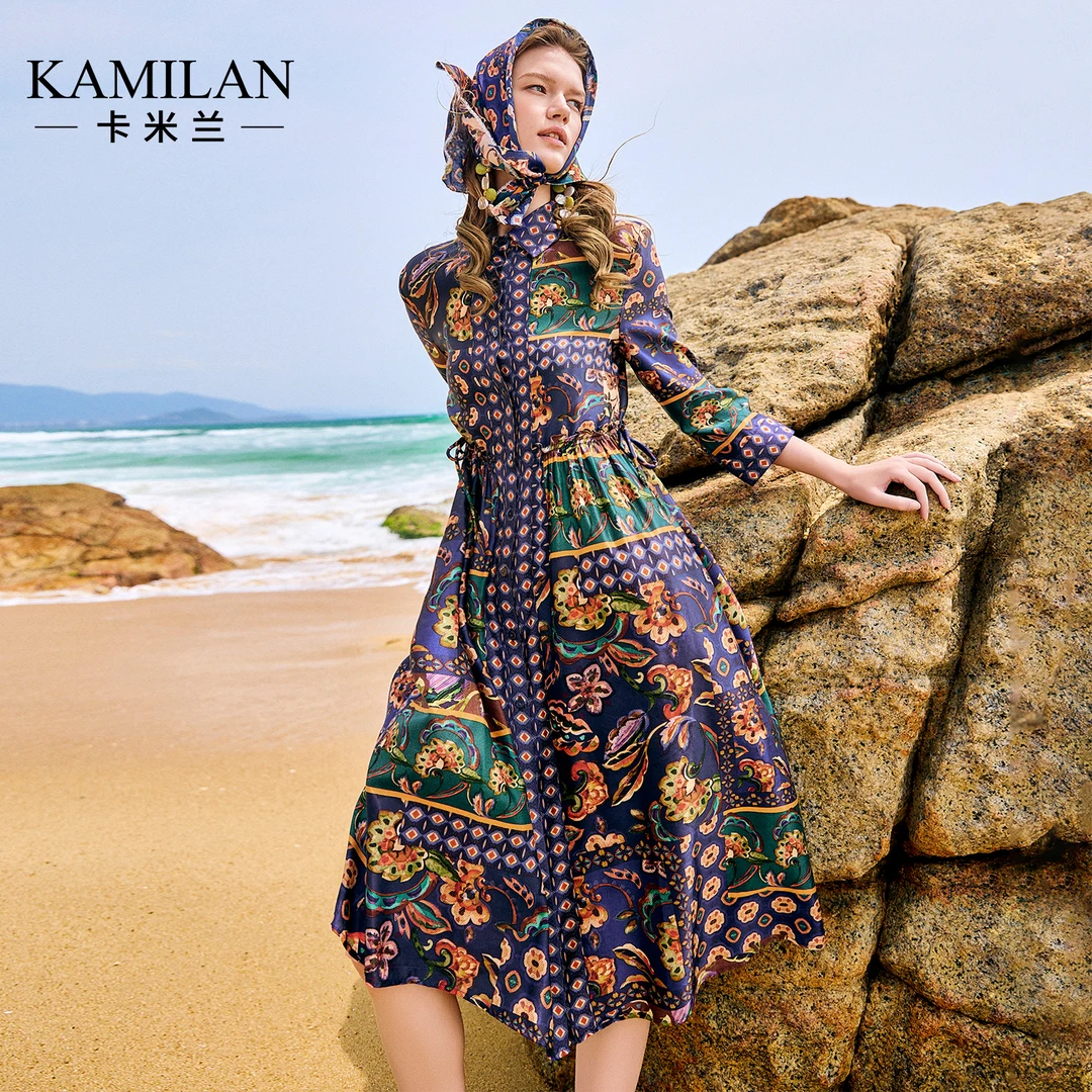 卡米兰海边度假复古收腰连衣裙女夏2025新款气质高级中长a字裙子