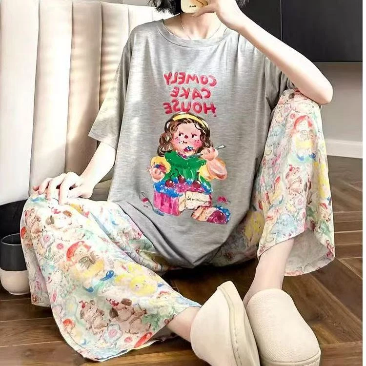 夏季新款2025睡衣女卡通油画短袖长裤网红爆款柔软薄款短袖家居服