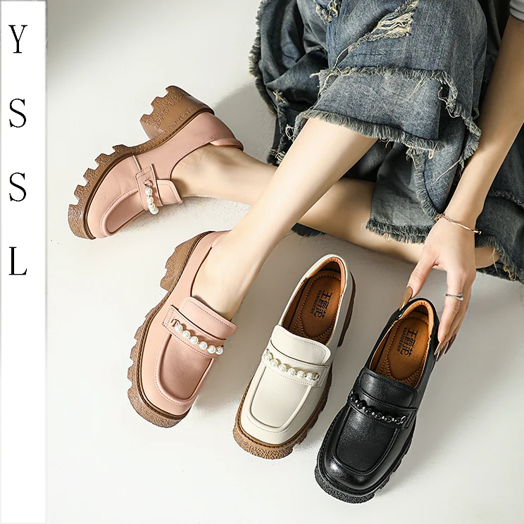 【王爵】无声静音乐福鞋/一脚蹬小皮鞋/秋冬真皮厚底黑色百搭单鞋