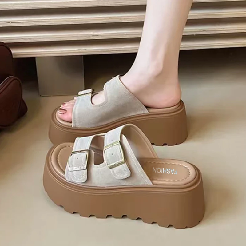 小个子勃肯拖鞋女外穿2025新款夏厚底凉鞋 增高5厘米一字博肯凉拖