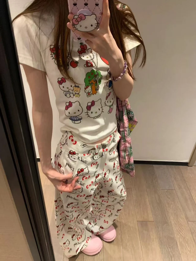 美式辣妹卡通Kitty猫印花短袖t恤女夏季新款可爱甜妹修身短款上衣