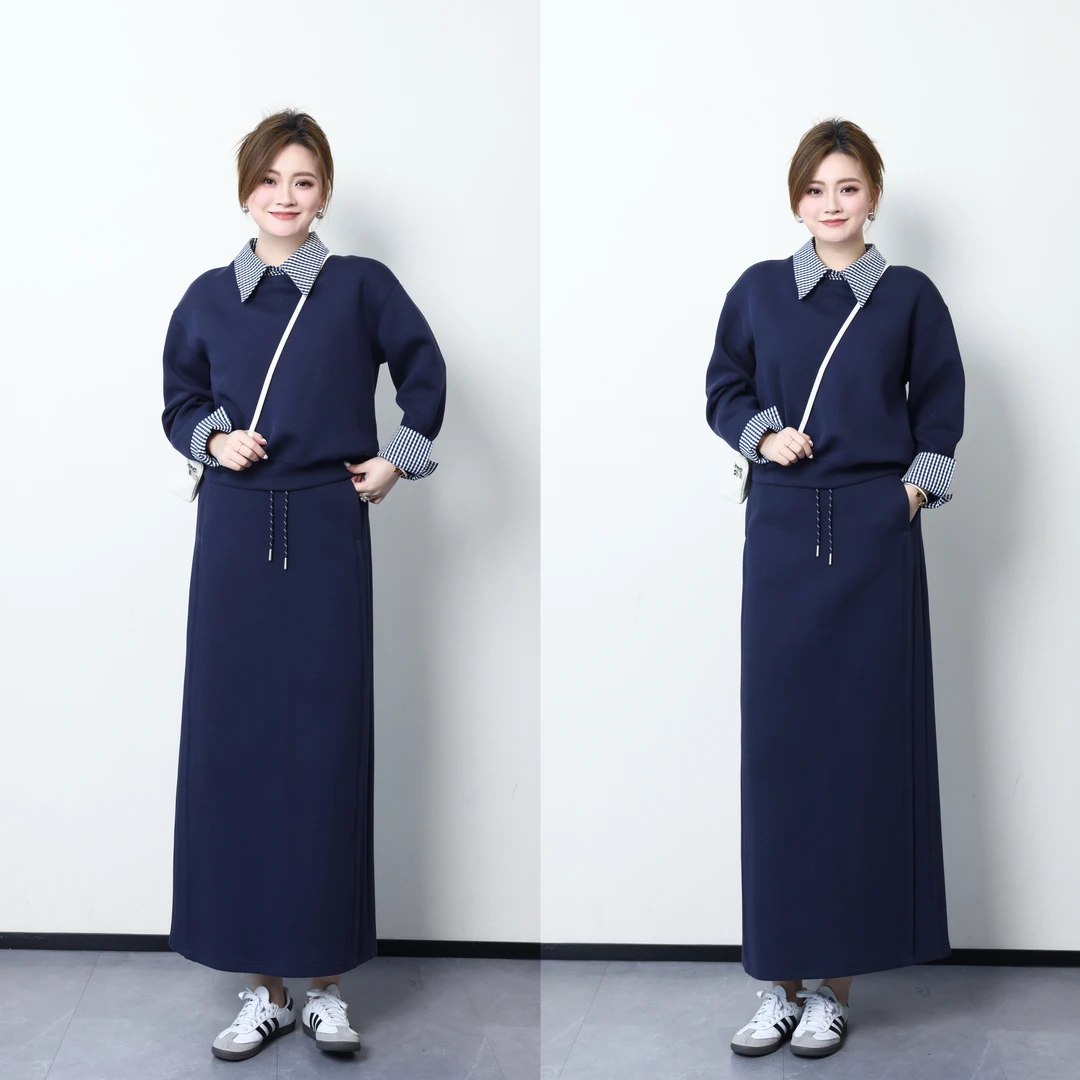 QC杨杨【满分松弛】微胖大码拼接假两件卫衣+半身裙套装ZY412L18