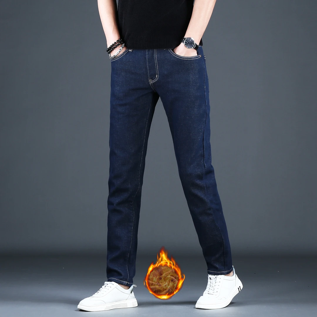 香港男士牛仔裤加绒加厚修身小脚潮流百搭弹力保暖休闲裤长裤冬季