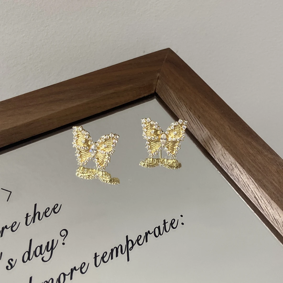 铜合金锆石耳饰 福利银针玫瑰蝴蝶 小众精致耳钉E3895