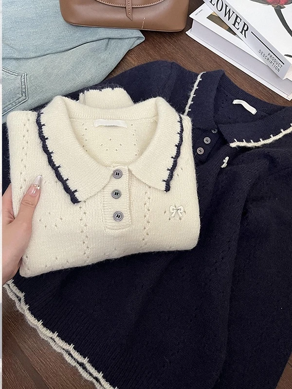 白色蝴蝶结钩花Polo领纽扣针织衫女2025秋季宽松显瘦休闲百搭上衣