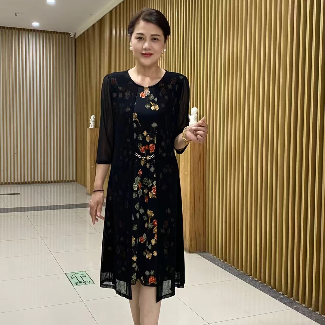 夏季新款碎花假两件连衣裙中袖妈妈装显瘦气质裙子中老年洋气女装