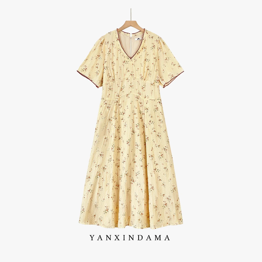 【岩心】大码女装300斤胖MM法式温柔风V领碎花短袖收腰连衣裙309