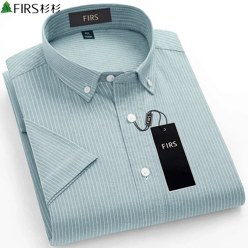 杉杉男款时尚百搭衬衫夏季休闲短袖100%棉质白色条纹衬衣亲肤透气