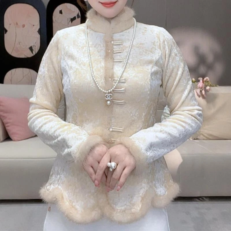 2025秋冬新款加绒加厚新中式上衣F收腰显瘦国风提花保暖上衣小衫