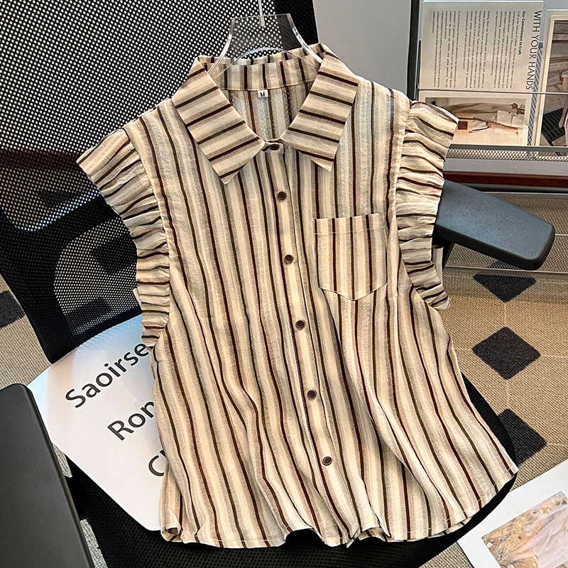 夏季2025新款时尚洋气短袖衬衫女气质百搭雪纺衫飞飞袖条纹上衣潮