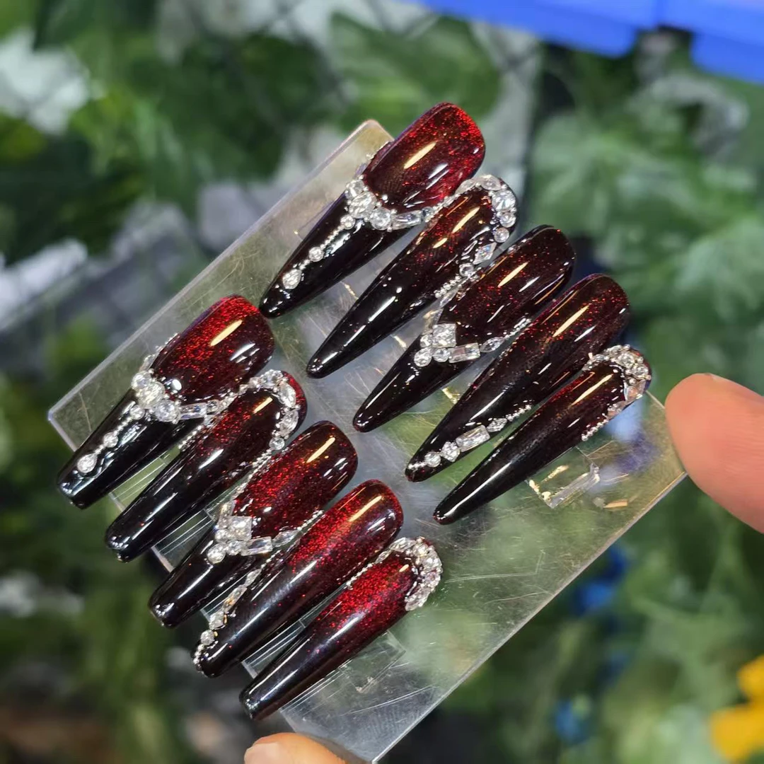 黑红焰火丶(锆石+小钢珠+无缝隙)珠宝级丶手工穿戴甲