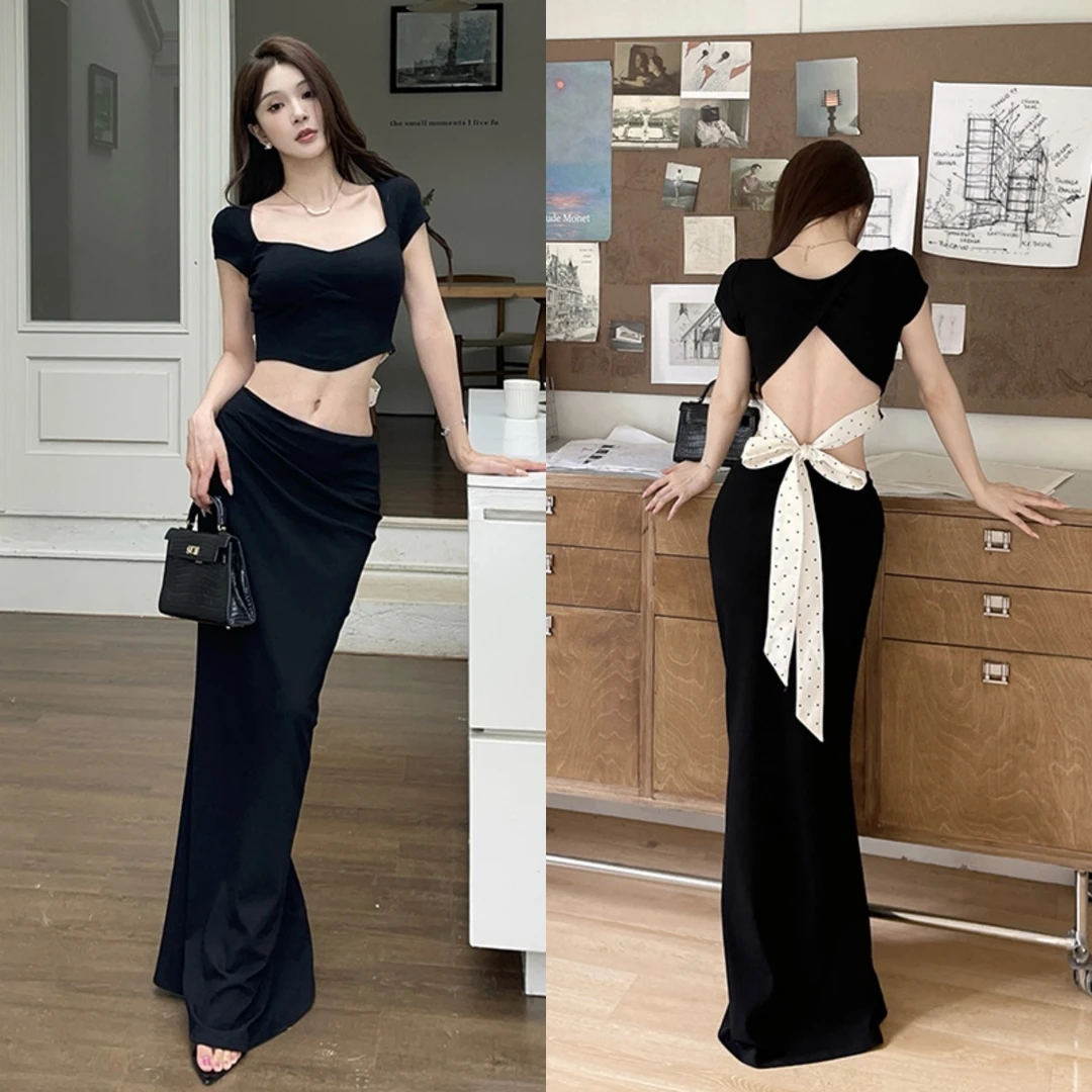 KaDaiShan 辣妹纯欲风时尚套装女夏季露脐绑带御姐气质黑色两件套