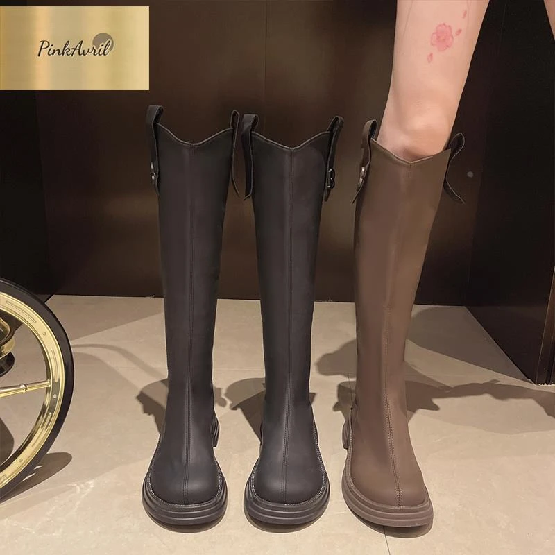 PinkAvril棕色靴子女长筒靴厚底马丁靴女2025新款秋秋季高筒骑士
