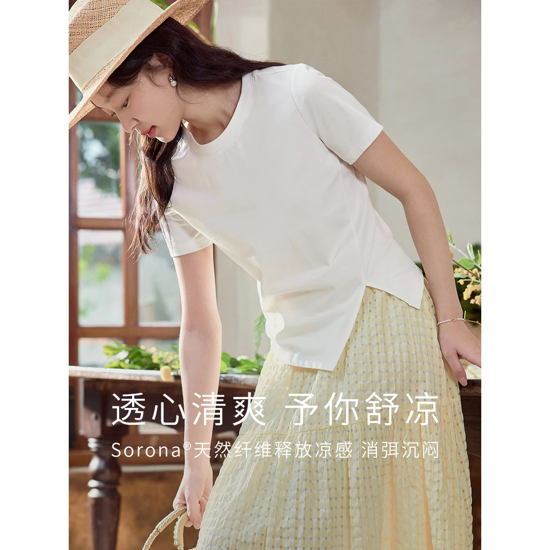 【茵曼女装】茵曼圆领正肩T恤不规则开叉下摆上衣18525114