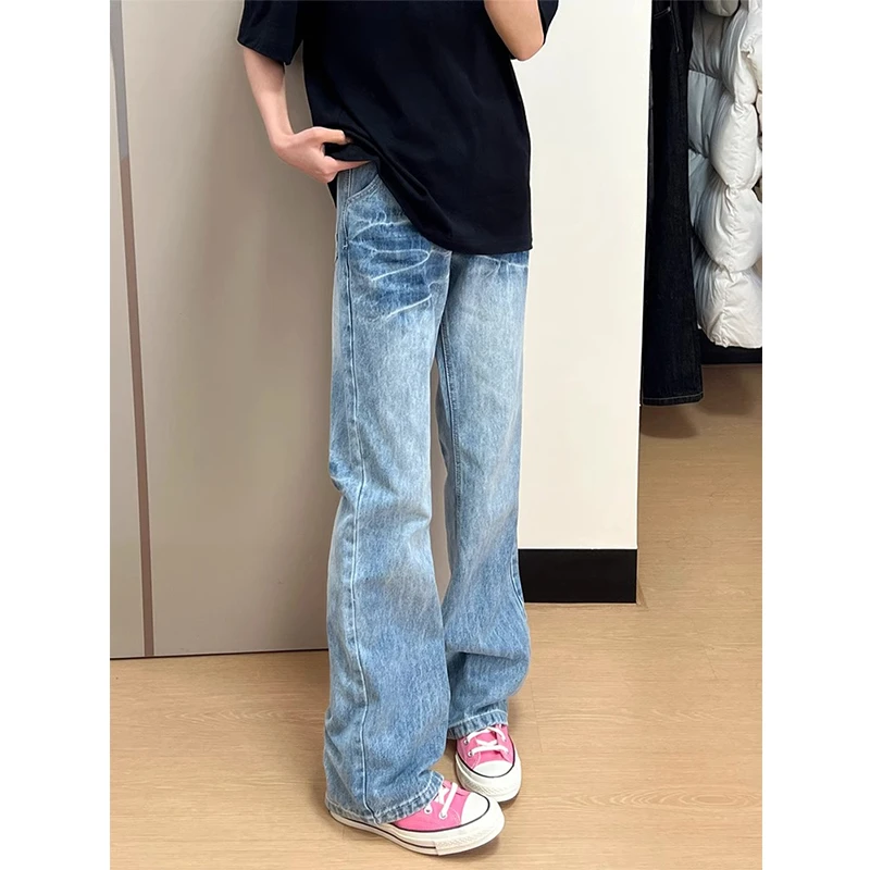 美式复古浅蓝色牛仔裤男款春季潮牌高街vibe裤子cleanfit微喇长裤