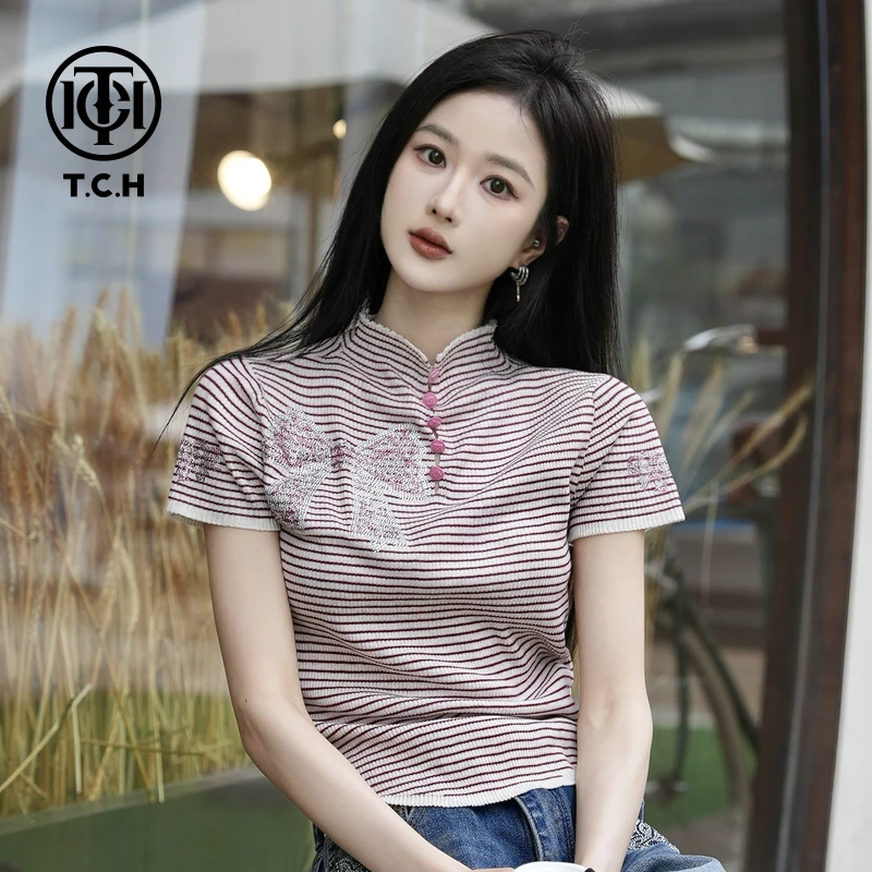 TCH现货私服烫钻工艺新款时尚休闲针织T恤女T75A09E5045轻奢tch