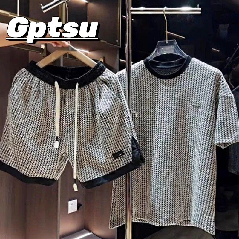 GPTSu夏季黑白条纹印花短袖短裤套装男潮牌轻奢时尚小绣标两件套