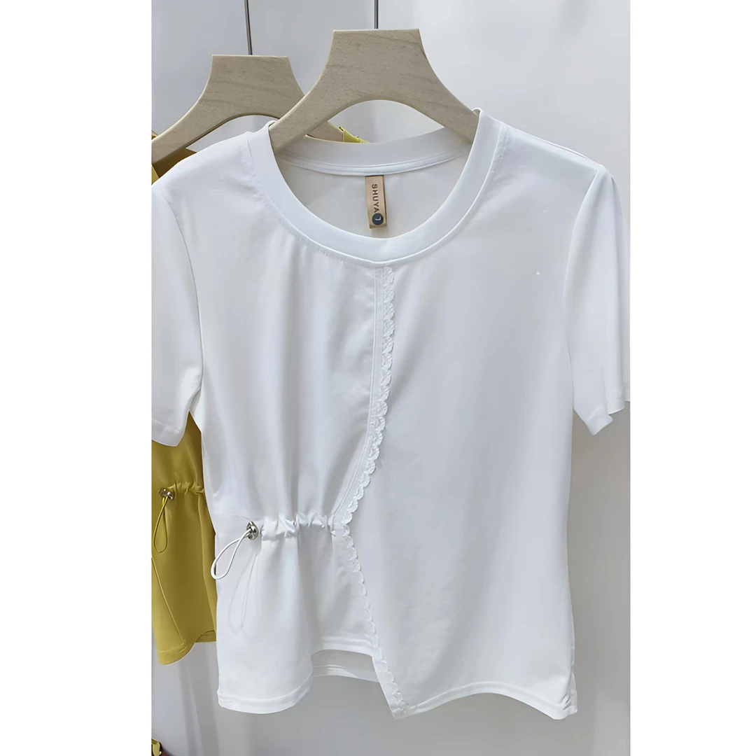 2025大码短袖显瘦气质休闲百搭时尚纯色腰部不规则圆领T恤夏