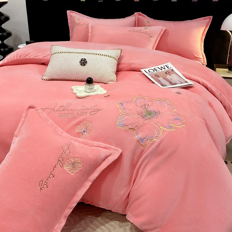 【花香粉】冬季加厚牛奶绒床上四件套双面绒法兰绒珊瑚绒被套床单